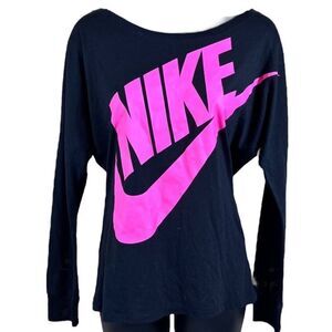 Nike Womens Recycled Polyester Long Sleeve Black Active Shirt with Hot Pink Logo